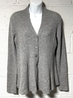 Griffen Cashmere Cardigan Sweater M Gray Ribbed Fit And Flare Quiet Luxury